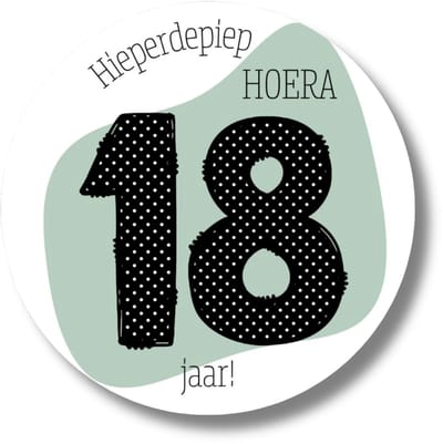 Stickers | 18 jaar! | Hieperdepiep Hoera | Groen Zwart Wit | Rond 4 cm | 20 stuks