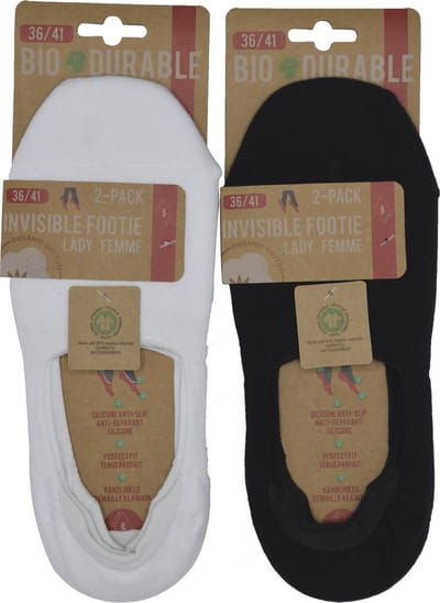 Dames invisible sneakersokken - 4 paar footie BIO KATOEN - maat 36/41 - NAADLOOS, met strechtband en anti-slip achteraan