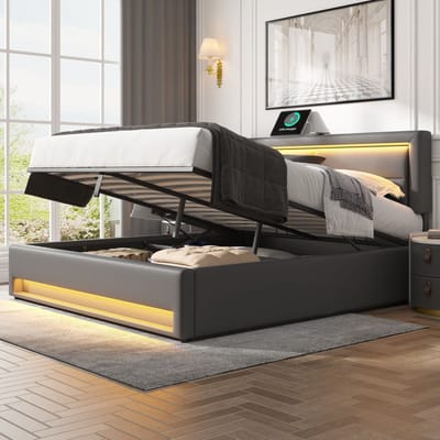 DESMIU Gestoffeerd Bed 140x190cm – Bed Met Ledverlichting En Oplaadfunctie – Opbergruimte Onder Het Bed – Voor Slaapkamer – Pu – Grijs – Zonder Matras
