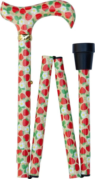 Classic Canes Opvouwbare wandelstok - Aardbeien - Verstelbaar - Lengte 82 - 92 cm - Aluminium - Derby handvat - Gewicht 315 gram - Diameter wandelstok 19 mm - Wandelstokken - Voor heren en dames - Inklapbare wandelstok - Wandelstok opvouwbaar