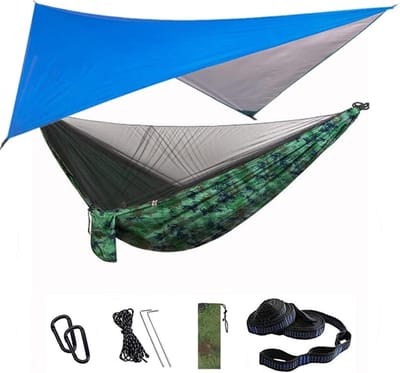 Kampeerhangmat - Reishangmat Tent - Buiten Ontspannen - Versterkte Naden - 290x140cm - Blauw Camouflage