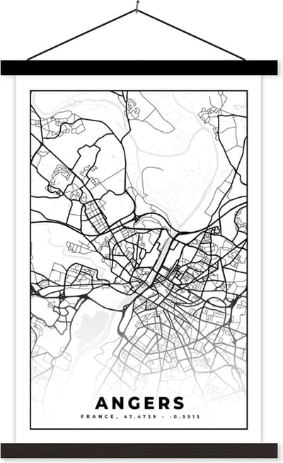 Posterhanger incl. Poster 40x60 cm - Schoolplaat - Stadskaart - Angers - Plattegrond - Kaart - Frankrijk - Zwart wit - Textielposter - Zwarte latten - Stadskaart