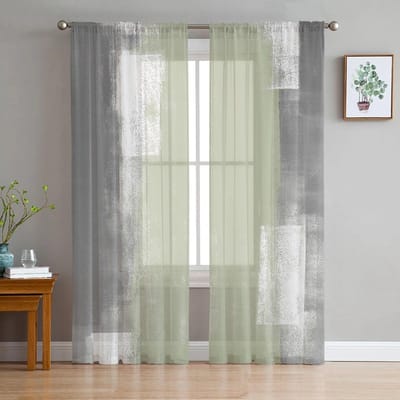 Saliegroen Olieverf Textuur Raam Tule Gordijnen Voor Woonkamer Kamerruimte Keukenruimte Huisdecoratie Doorzichtig Voile Gordijnen 135W x 137H(cm)
