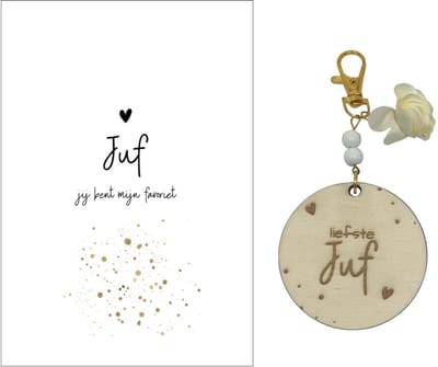 Sleutelhanger en kaartje JUF | beige | favoriet | jij bent de liefste | liefste juf | topjuf | einde schooljaar | cadeau