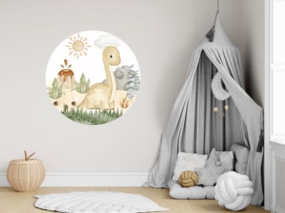 Muurcirkel dino met lange nek - Ø 100 cm - wit - Muurcirkel binnen - Wanddecoratie - Babykamer en kinderkamer