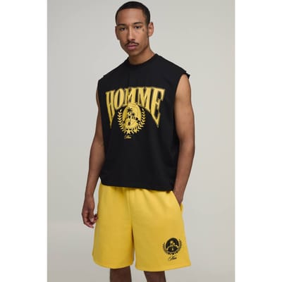 Homme Bedrukte Oversized Boxy Tank Met Verlaagde Armsgaten & Wijde Short Set | Yellow | Size XS