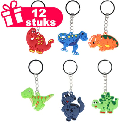 Henbrandt - 12 Stuks Mix Dinosaurus Sleutelhangers - Traktatie uitdeelcadeautjes voor kinderen & peuters - Traktaties en kinderverjaardagen - Klein grabbelton speelgoed voor in traktatie uitdeelzakjes