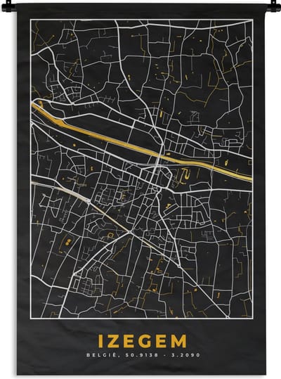 Wandkleed - Wanddoek - Plattegrond - Stadskaart - Izegem - Goud - Kaart - 120x180 cm - Wandtapijt