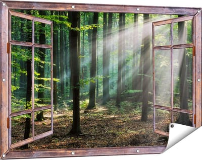 Gards Tuinposter Doorkijk Bos met Zon tussen de Bomen - 120x80 cm - Tuindoek - Tuindecoratie - Wanddecoratie buiten - Tuinschilderij