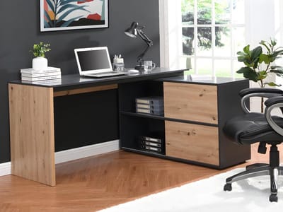 Vente-unique Hoekbureau met 2 schuifdeuren - Mdf - Naturel en zwart - COLIOBA