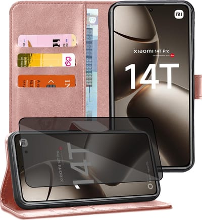 Hoesje geschikt voor Xiaomi Redmi 14T / 14T Pro - Privacy Screenprotector Volledig Dekkend Glas - Portemonnee Book Case Rosegoud