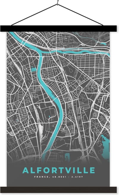 Posterhanger incl. Poster 40x60 cm - Schoolplaat - Alfortville - Frankrijk - Plattegrond - Kaart - Stadskaart - Textielposter - Zwarte latten - Stadskaart