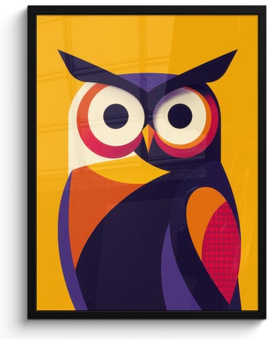 Poster in lijst - Fotolijst 60x80 cm - Posters - Uil - Grafisch - Kleurrijk - Ogen - Posterlijst zwart - Decoratie - Wanddecoratie woonkamer - Muurdecoratie slaapkamer