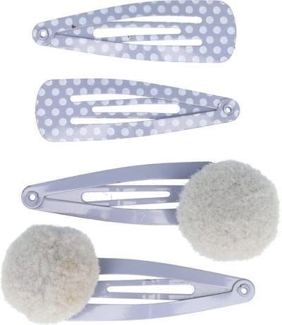 Haarsoires Haarspeld Klikklak 4cm - Pompom - Stippen - Grijs - Set van 4 - Haarclip Speldjes - Makkelijk in Gebruik - Haaraccessoires voor Volwassenen & Kinderen - Hair Clip - Decoratieve Haaraccessoire