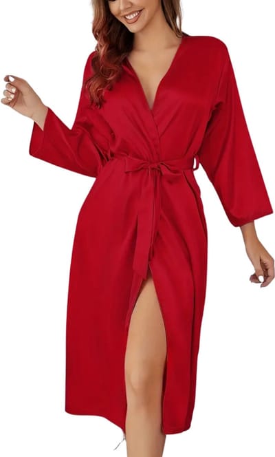 Livano Satijnen Badjas Dames - Kimono - Kamerjas - Satijn - Ochtendjas - Pyjama - Rood - Maat S