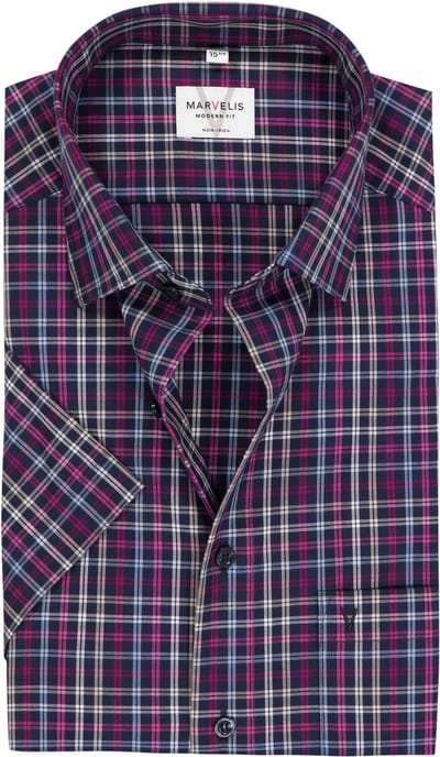 MARVELIS modern fit overhemd - korte mouw - popeline - donkerblauw met roze en lichtblauw geruit - Strijkvrij - Boordmaat: 42 (EU maat: L)