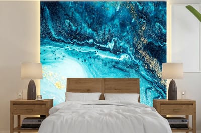 Behang - Fotobehang Marmerlook - Blauw - Goud - Luxe - Glitter - Marmer - Breedte 240 cm x hoogte 240 cm