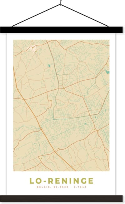 Posterhanger incl. Poster 40x60 cm - Schoolplaat - België - Lo-Reninge - Plattegrond - Kaart - Stadskaart - Textielposter - Zwarte latten - Stadskaart