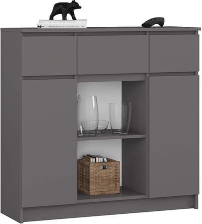 Ladekast K100 met 3 Lades, 2 Deuren en 1 Plank / AKORD Furniture Factory / Grafietgrijs / 101 x 98 x 35 cm