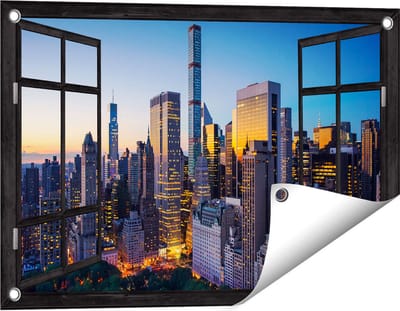 Gards Tuinposter Doorkijk New York bij Zonsopgang - 60x40 cm - Tuindoek - Tuindecoratie - Wanddecoratie buiten - Tuinschilderij