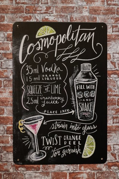 Wandbord - Cosmopolitan cocktail - Metalen Wandbord - UV bestendigt - 20 x 30cm - Mancave - Muurplaat - Mancave decoratie - Bar decoratie - Tekstborden - Metal sign
