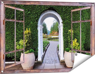 Gards Tuinposter Doorkijk Doorkijk met Potten - 90x60 cm - Tuindoek - Tuindecoratie - Wanddecoratie buiten - Tuinschilderij