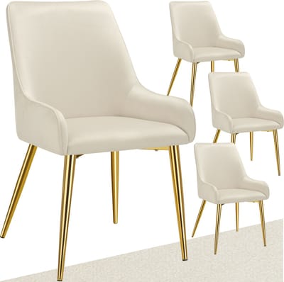 tectake® Eetkamerstoel Avane - Fluweeloptiek - Ergonomische gestoffeerde stoel met gouden stalen poten - Draagkracht 120 kg - Moderne eetkamer- en keukenstoel - Set van 4 - Beige