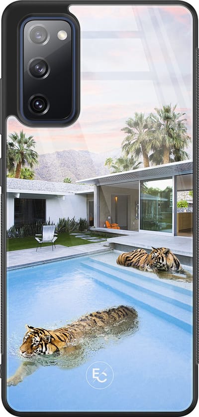 Hoesje geschikt voor Samsung Galaxy S20 FE - Tijger zwembad - Hard Case Zwart Back Cover - Print - Blauw - ELLECHIQ