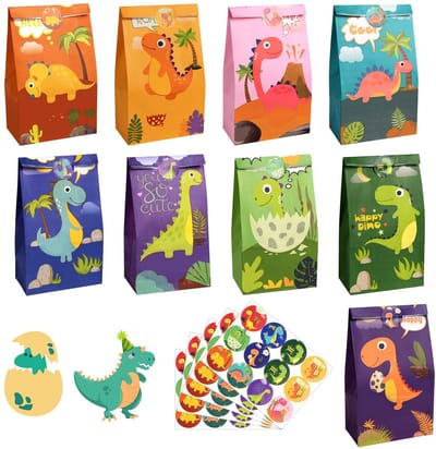Allecto - Geschenkzakjes - Snoepzakjes voor kinderen - Feestelijke uitstraling - Papier - Dinasour-stickers - Geschikt voor Halloween en verjaardag..