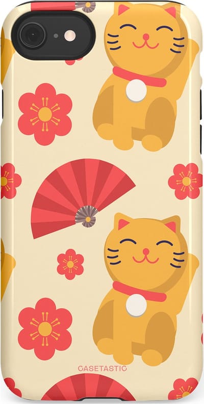 Casetastic hoesje geschikt voor Apple iPhone SE / Apple iPhone 7 / Apple iPhone 8 - Dubbellaagse bescherming - Japanse Poezenvreugde - Lucky Cats - Fashion Case - Crème Koraal Goud