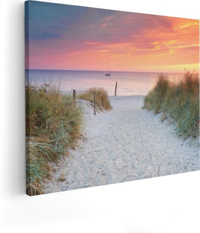 Artaza Canvas Schilderij Strand Zee - 100x80 cm - Groot - Wanddecoratie Zonsondergang - Muurdecoratie Duinen - Decoratie Kust