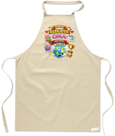 Budget - Unisex Schort - schort voor oma - Keukenschort - Kookschort - Halterschort - 65 x 90 cm - 100% katoen - ecru - kaki - Ik ben de allerliefste Oma