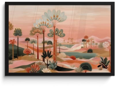 Poster in lijst - Fotolijst 60x40 cm - Posters - Roze landschap - Palmen - Water - Posterlijst zwart - Decoratie - Wanddecoratie woonkamer - Muurdecoratie slaapkamer