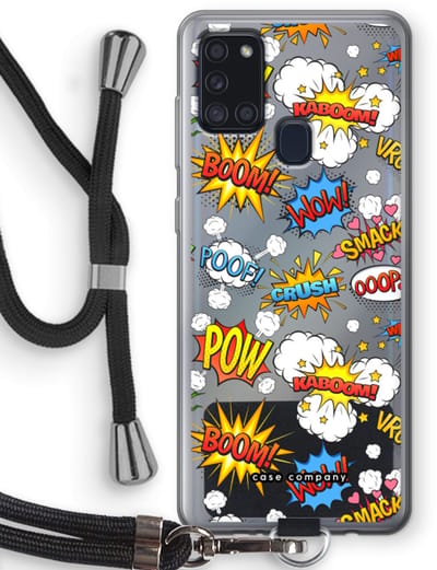 Case Company® - Hoesje met koord geschikt voor Samsung Galaxy A21s hoesje met Koord - Pow Smack - Telefoonhoesje met Zwart Koord - Bescherming aan alle Kanten en Over de Schermrand