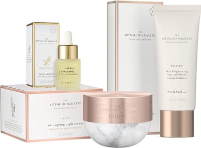 Rituals The Ritual Of Namaste Huidverzorging Combi Met Glow Anti Ageing Night Cream 50ml, Bakuchiol Natural Booster 20ml en Putify Skin Brightening Face Exfoliator 75ml