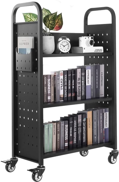 Boekenwagen met 3 planken, draagvermogen 150 kg, 77x38x122 cm, zwart