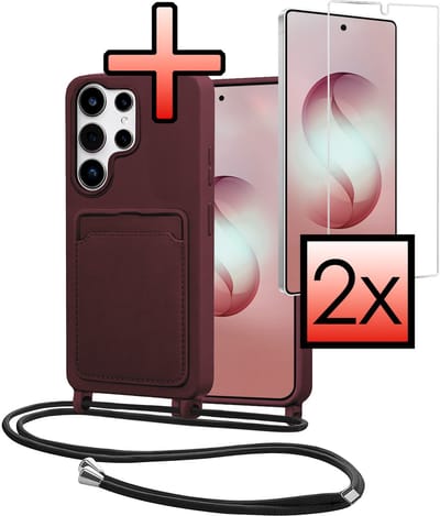 Hoes Geschikt voor Samsung S26 Ultra Met Telefoonkoord Met 2x Screenprotector - Siliconen Hoesje Backcover Met Ketting - Aubergine