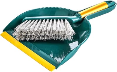 Kleine Bezem Blikset - Mini Schoonmaakset - Bureau Opruimen - Met Schrapende Tanden - 27 x 18 cm - Wit Groen