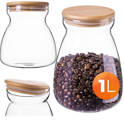 KADAX voorraadpot 1000ml met luchtdicht bamboe deksel, glazen pot voor voedselopslag, glazen voorraadpot voor keuken, pasta, muesli, koffie