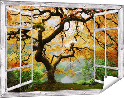 Gards Tuinposter Doorkijk Oude Knoestige Boom - 120x80 cm - Tuindoek - Tuindecoratie - Wanddecoratie buiten - Tuinschilderij
