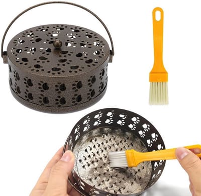 Muggenspiraalhouder, draagbare spiraalvormige wierookbrander met dekselgreep, klassieke metalen wierookhouder voor thuis, tuin, binnen en buiten, met reinigingsborstel