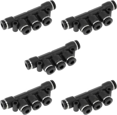 Luchtaansluitingen voor vliegtuiggeleiding, Push to Connect, 5/32 inch, 5-weg snelkoppeling van kunststof, 5 stuks, zwart/zilver, ideaal voor pneumatische systemen en luchtcompressoren