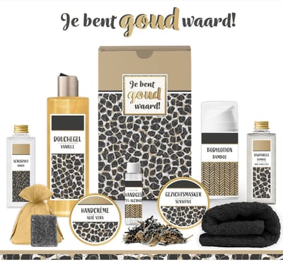Geschenkset “Je bent goud waard!” - 9 producten - 750 gram | Luxe Cadeaubox voor haar - Wellness Pakket Vrouw - Giftset Vriendin - Cadeaupakket Collega Vrijwilliger Zorg - Cadeau Verjaardag - Moeder Moederdag - Kerstpakket Kerst Cadeau - Panter Goud