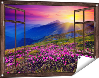 Gards Tuinposter Doorkijk Roze Rhododendron Bloemenveld - Bergen - 90x60 cm - Tuindoek - Tuindecoratie - Wanddecoratie buiten - Tuinschilderij