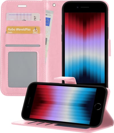 Hoesje - Met Pasjeshouder - Geschikt voor Apple iPhone SE (2022) - Luxe Bookcase Portemonee - Flip Case - Kunstleer Book Case - Flipcase - Book Cover - Walletcase - Portemonneehoes - Telefoonhoesjes - Lichtroze