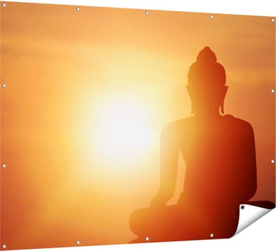 Gards Tuinposter Silhouet van een Boeddha Beeld met Zonsondergang - 160x120 cm - Tuindoek - Tuindecoratie - Wanddecoratie buiten - Tuinschilderij