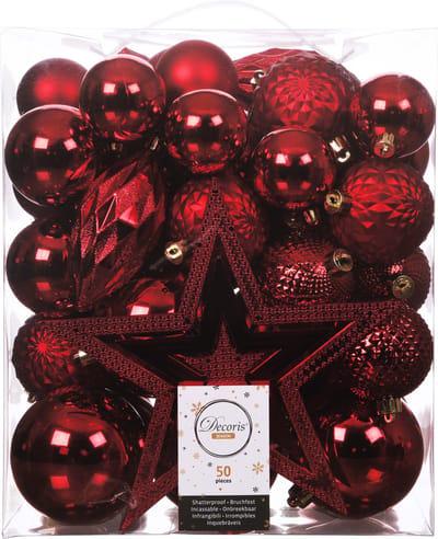 Decoris Kerstballen - 49x st incl. ster piek - rood - kunststof - 5, 6, 8 en 10 cm