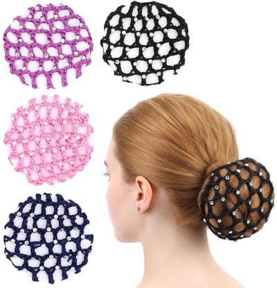 Dailygoods- Haarnetje set van 4 - Elastisch haarnet - Strassteentjes - Kapsel fixeren - Duurzaam polyester - 10 cm groot - Perfect voor optredens - Knotnet