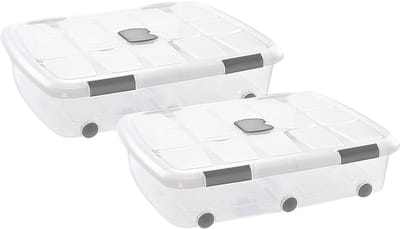 Plasticforte Opslagbox - 2x stuks - met deksel - 56L - 80 x 60 x 18 cm - transparant - opbergbak - met wielen