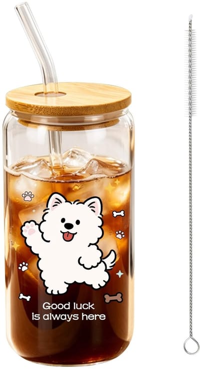 Dailygoods - Witte Hondenglas met Bamboedeksel en Rietje - 500 ml Drinkglas voor Hondenliefhebbers